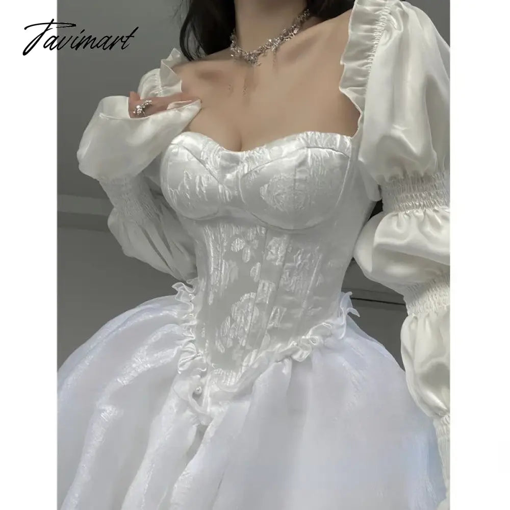 Summer Fairy Long Sleeve Even Party Dress Woman White French Elegant Midi Dress Casual One Piece Dress Korean Fashion