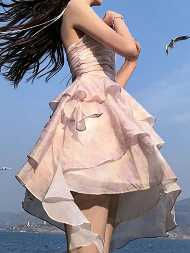 Summer Fairy Mini Dresses Women Ruched Ruffles Irregular Print Boho Beach Dress Sexy Halter Backless Evening Party Vestidos