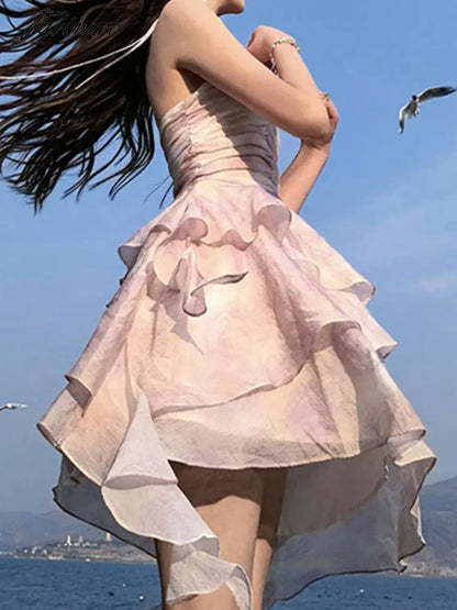 Summer Fairy Mini Dresses Women Ruched Ruffles Irregular Print Boho Beach Dress Sexy Halter Backless Evening Party Vestidos