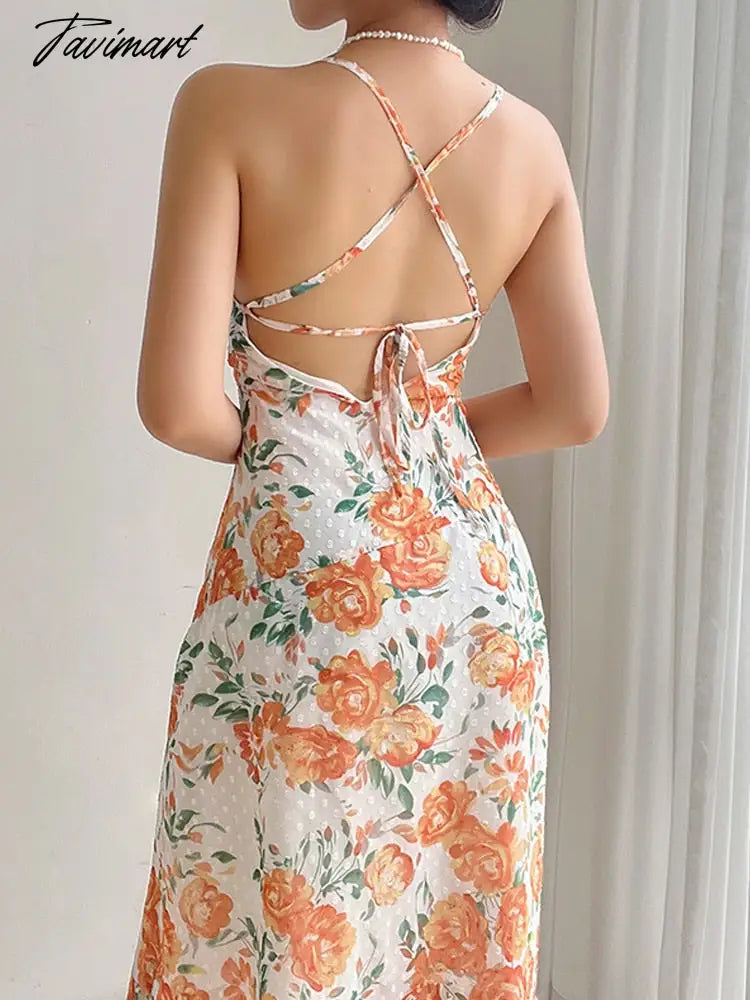 Summer Floral Long Dress Sleeveless Backless Thin Straps Retro Beach Long Dress Sexy Split Chic Mid Calf Floral Dress Female