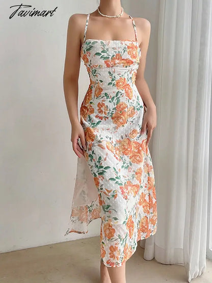 Summer Floral Long Dress Sleeveless Backless Thin Straps Retro Beach Long Dress Sexy Split Chic Mid Calf Floral Dress Female