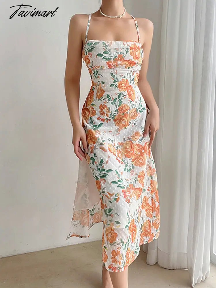 Summer Floral Long Dress Sleeveless Backless Thin Straps Retro Beach Long Dress Sexy Split Chic Mid Calf Floral Dress Female