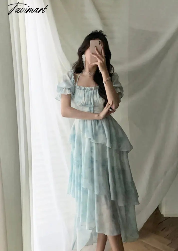 Summer French Style For Women Elegent Party Midi Print Dress Female Fashion A Line Holiday Clothes Vestidos