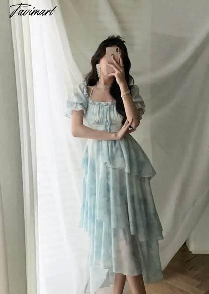 Summer French Style For Women Elegent Party Midi Print Dress Female Fashion A Line Holiday Clothes Vestidos