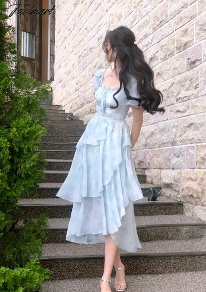 Summer French Style For Women Elegent Party Midi Print Dress Female Fashion A Line Holiday Clothes Vestidos