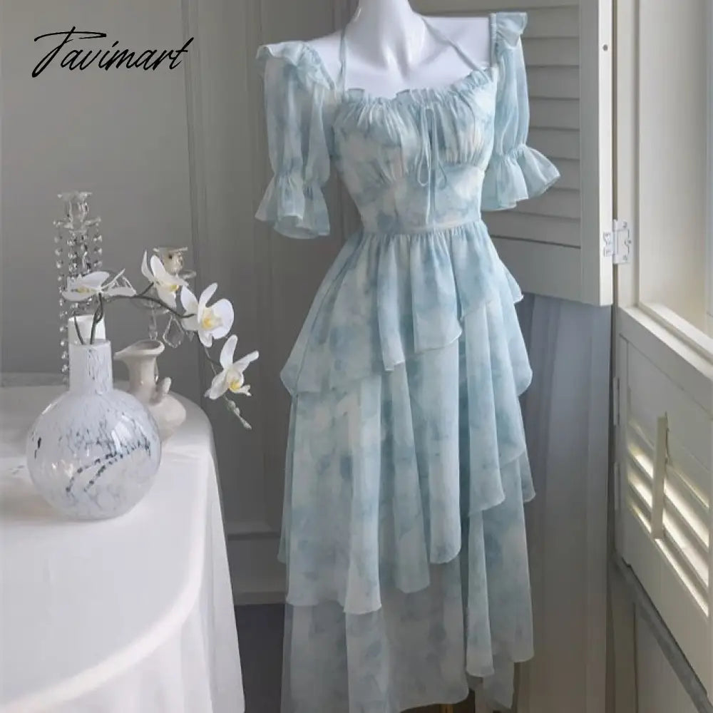 Summer French Style For Women Elegent Party Midi Print Dress Female Fashion A Line Holiday Clothes Vestidos