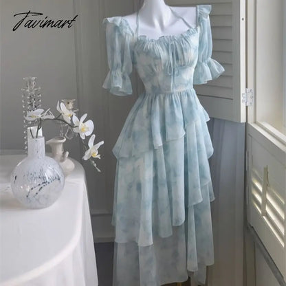 Summer French Style For Women Elegent Party Midi Print Dress Female Fashion A Line Holiday Clothes Vestidos