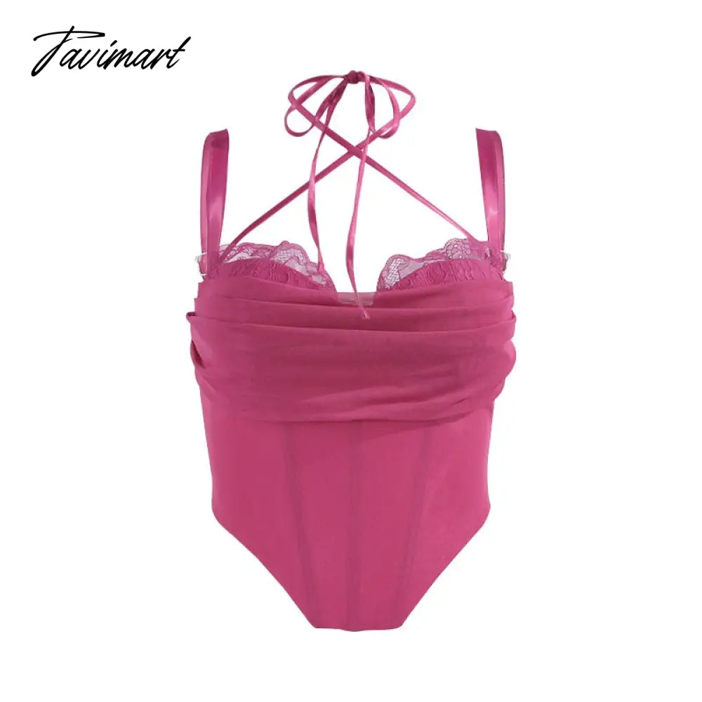 Summer Mesh Cropped Top Sexy Elegant Lace Bodycon Top Pink Women Blouse with Fishbone and Pads