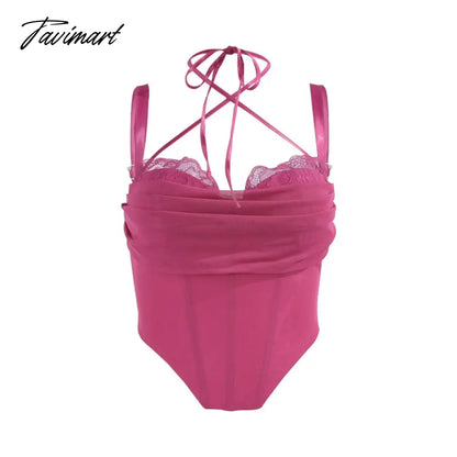Summer Mesh Cropped Top Sexy Elegant Lace Bodycon Top Pink Women Blouse with Fishbone and Pads