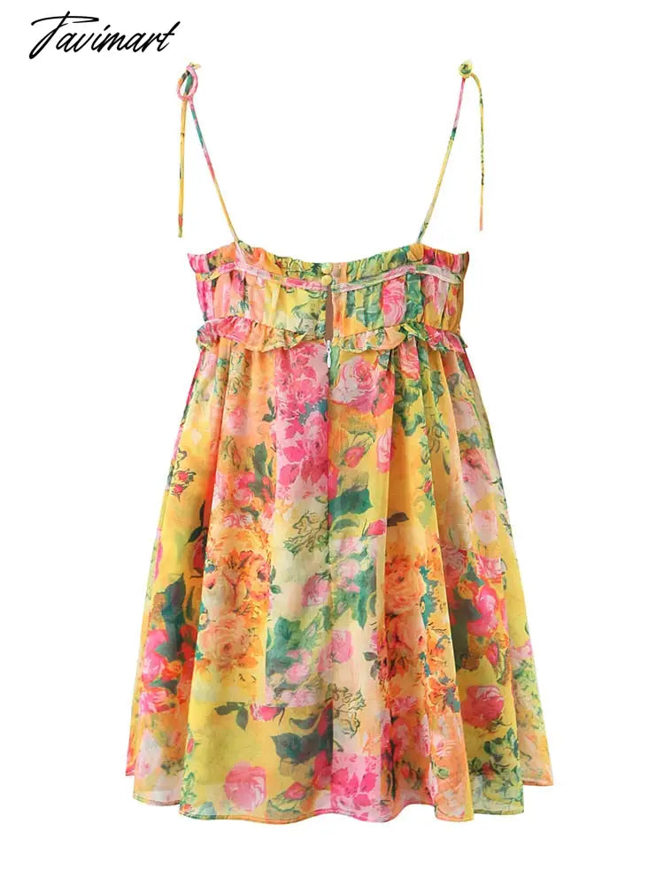 Summer New Fungus Lace Short Strap Dress Woman Sexy Sweet Backless Printed Tie Mini Dress Female