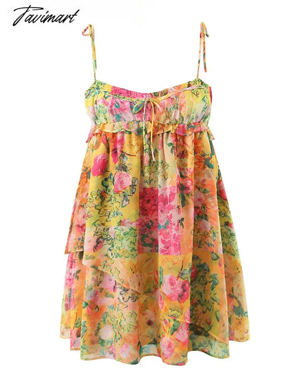 Summer New Fungus Lace Short Strap Dress Woman Sexy Sweet Backless Printed Tie Mini Dress Female