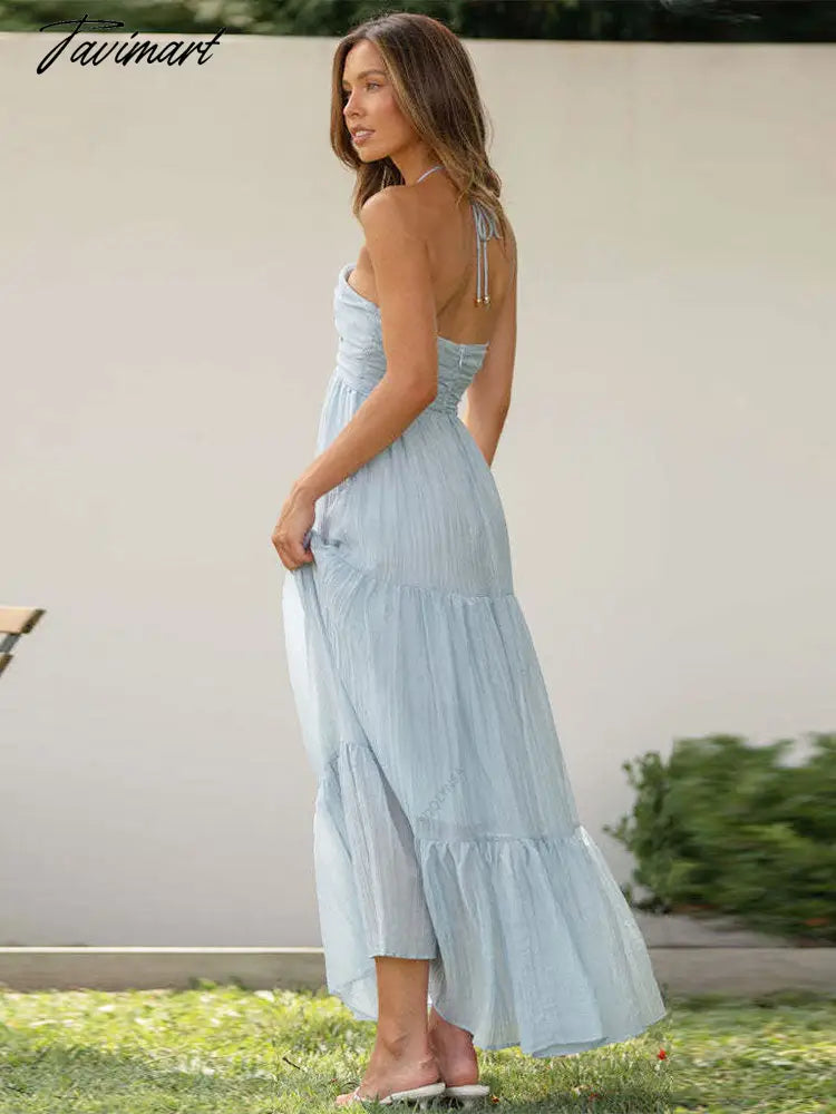 Summer New Sexy V Neck Hanging Neck Lacing Splice Sleeveless Dresses For Women Temperament Backless Maxi Dress A2684