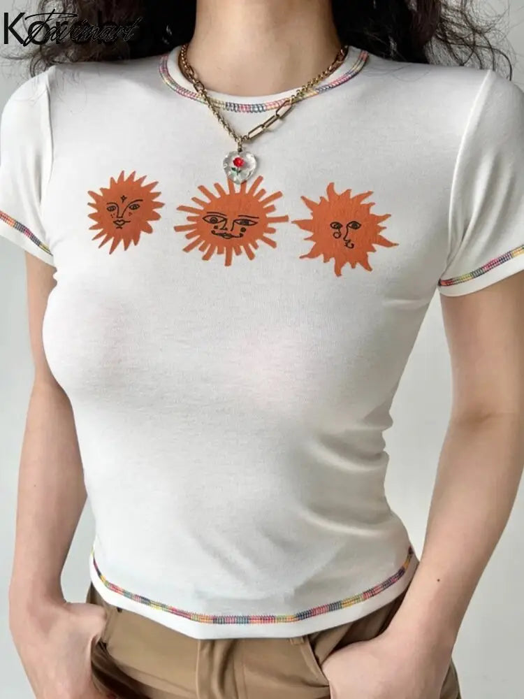 Summer New Short Sleeve Printing Age Reduction Tight Street Fashion Y2k Vintage Clothes Simple Camisetas Ropa De Mujer
