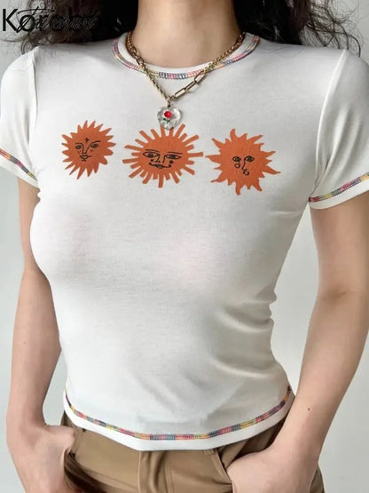 Summer New Short Sleeve Printing Age Reduction Tight Street Fashion Y2k Vintage Clothes Simple Camisetas Ropa De Mujer