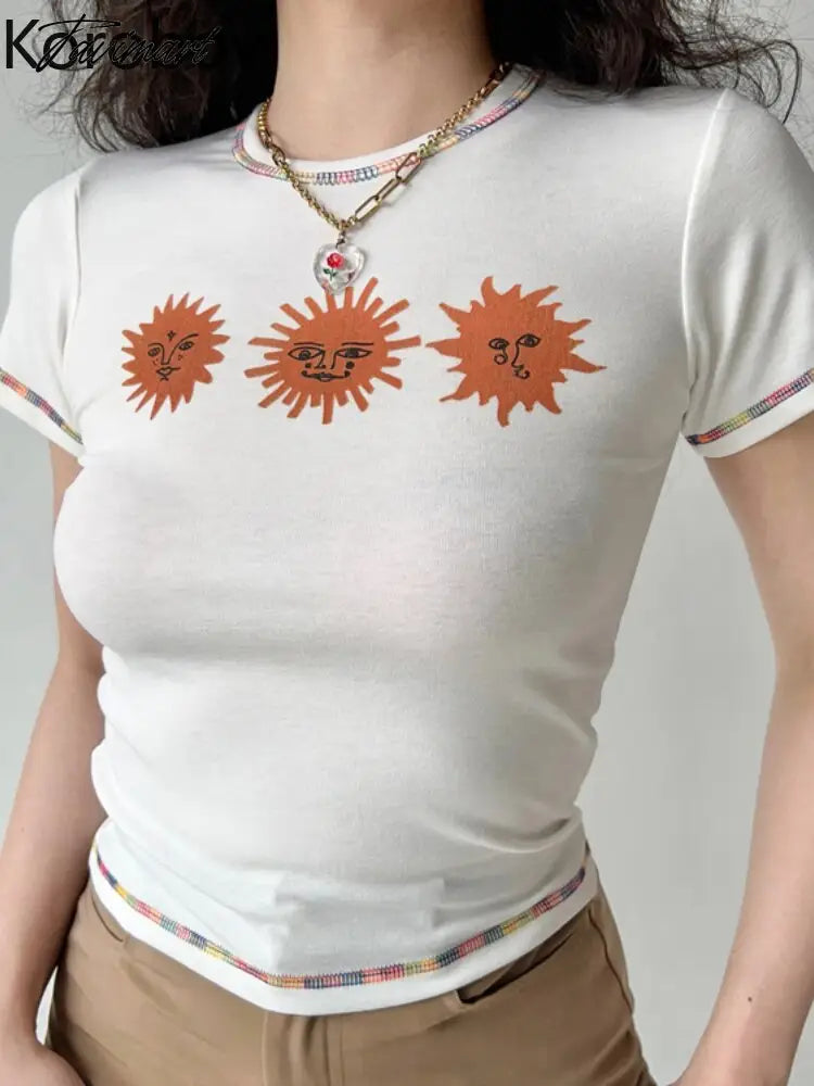 Summer New Short Sleeve Printing Age Reduction Tight Street Fashion Y2k Vintage Clothes Simple Camisetas Ropa De Mujer