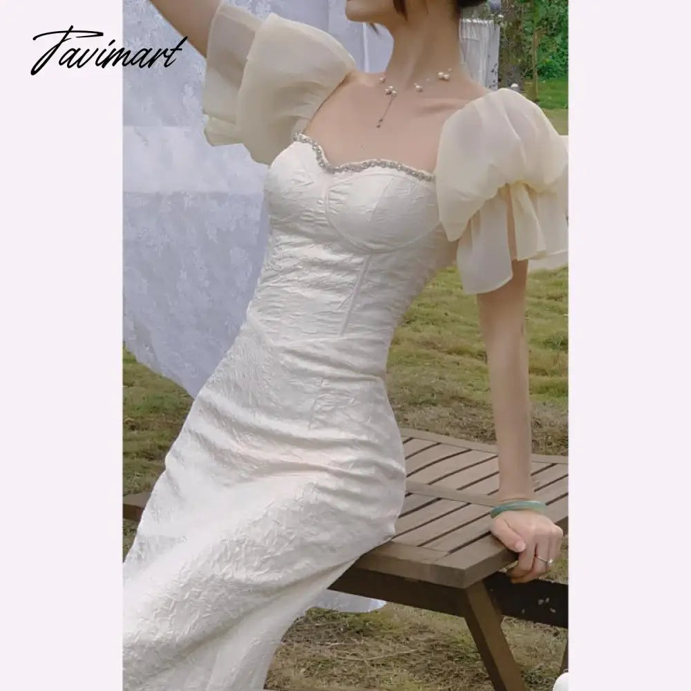 Summer Puff Sleeve White Wedding Dress Women Square Collar Elegant Prom Dress Female Slim Fashion Party Dress