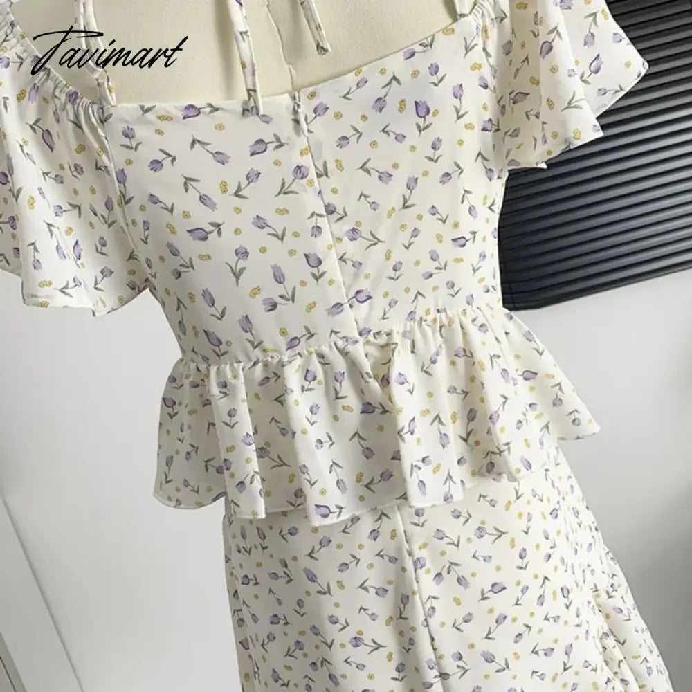 Summer Square Neck Floral Dress Lady's Irregular Ruffled Midi Dress Slim Party Dress Vestidos