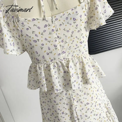 Summer Square Neck Floral Dress Lady's Irregular Ruffled Midi Dress Slim Party Dress Vestidos