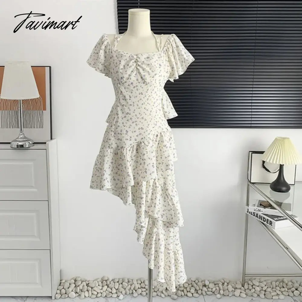 Summer Square Neck Floral Dress Lady's Irregular Ruffled Midi Dress Slim Party Dress Vestidos