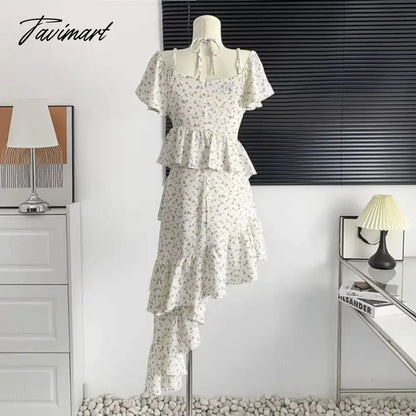 Summer Square Neck Floral Dress Lady's Irregular Ruffled Midi Dress Slim Party Dress Vestidos