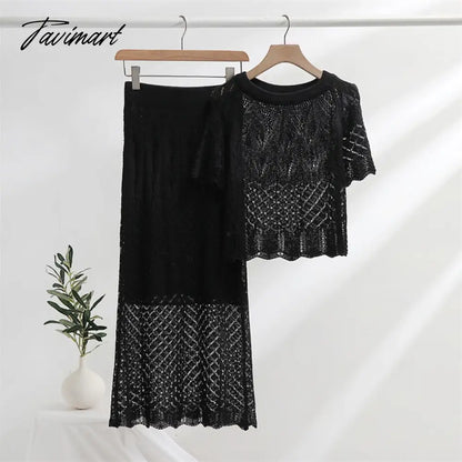 Summer Tracksuit Women Two Piece Set Skirt and Top Knitted 2 Piece Skirt Set Black White Knit Short Sleeve Matching Sets Women