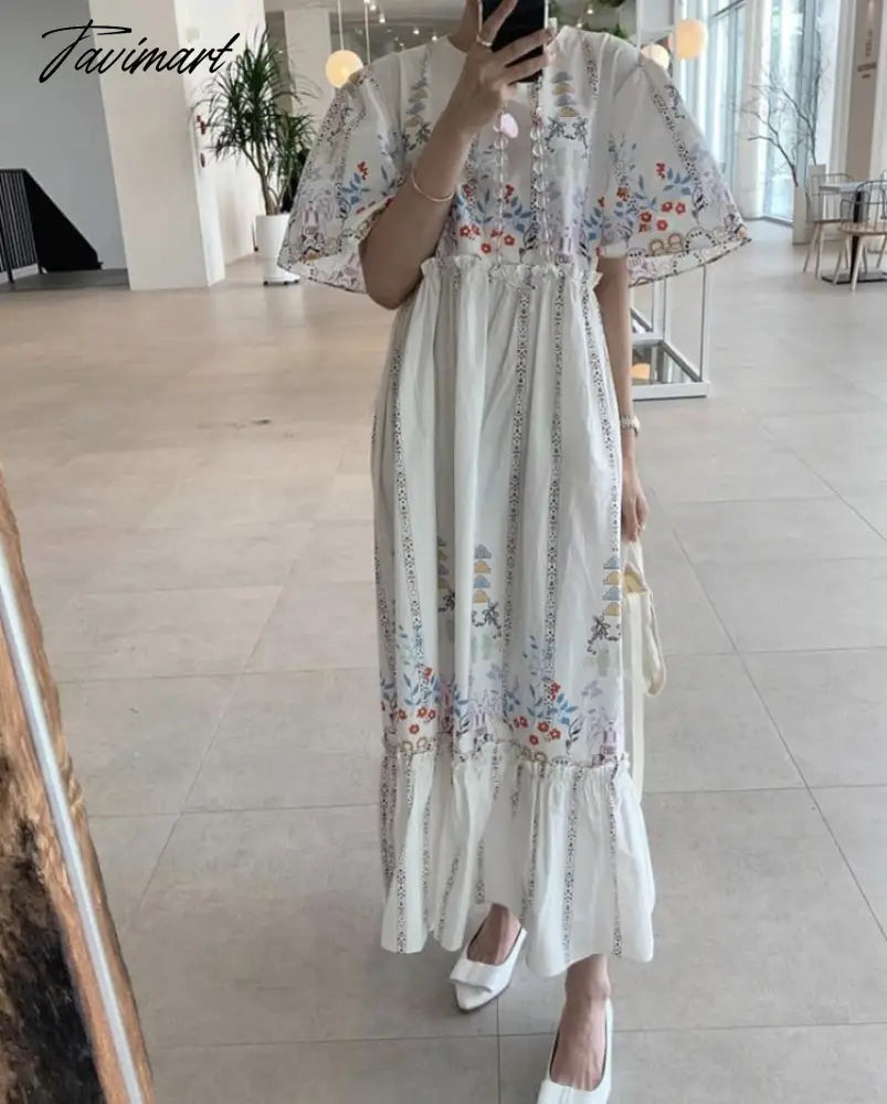 Summer Vintage Robe Printing O Neck Vestidos Edge of Fungus Puff Sleeve Loose Dress Korean Fashion Dresses for Women