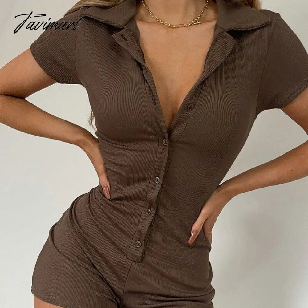 Summer Women Casual Sport Short Jumpsuit Fashion Ribbed Collar Button Polo Neck Bodysuit Short Sleeve Jumpsuit Romper Yoga Wear