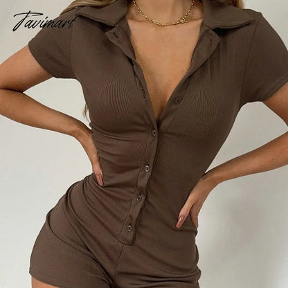 Summer Women Casual Sport Short Jumpsuit Fashion Ribbed Collar Button Polo Neck Bodysuit Short Sleeve Jumpsuit Romper Yoga Wear