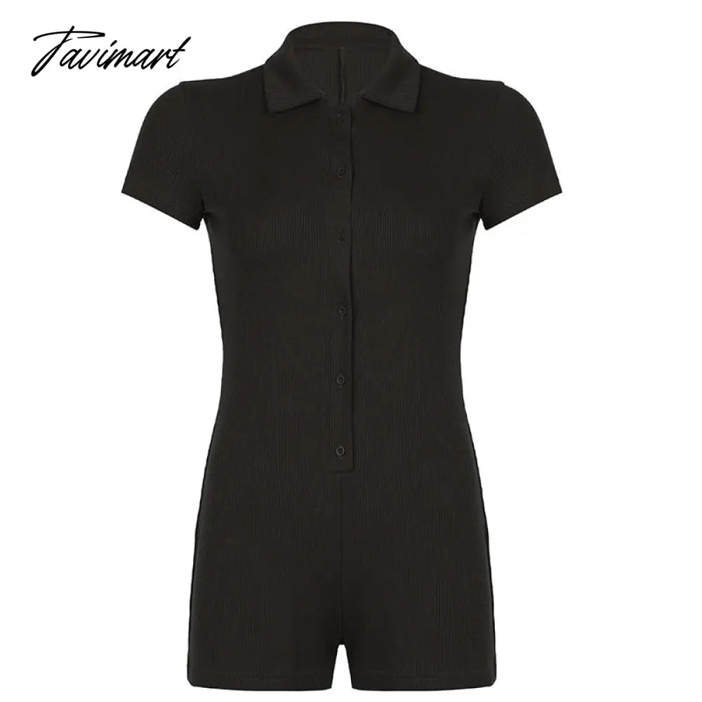 Summer Women Casual Sport Short Jumpsuit Fashion Ribbed Collar Button Polo Neck Bodysuit Short Sleeve Jumpsuit Romper Yoga Wear
