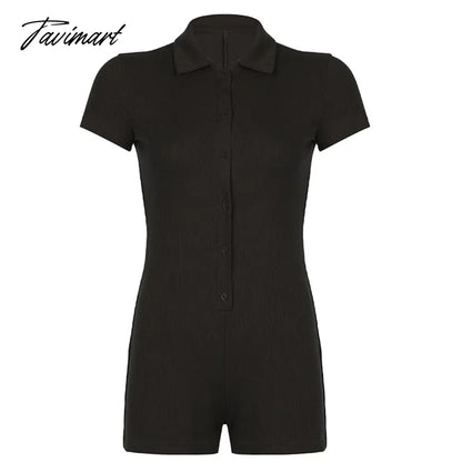 Summer Women Casual Sport Short Jumpsuit Fashion Ribbed Collar Button Polo Neck Bodysuit Short Sleeve Jumpsuit Romper Yoga Wear
