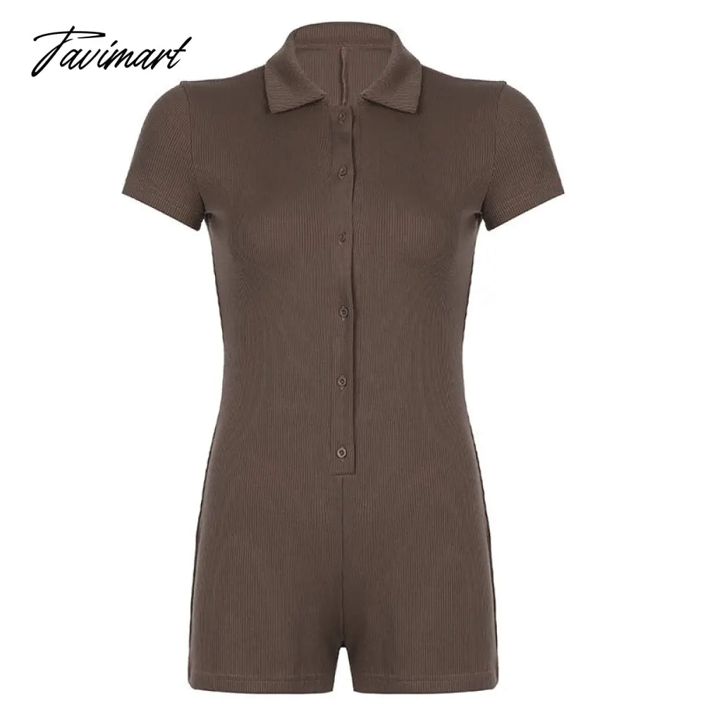 Summer Women Casual Sport Short Jumpsuit Fashion Ribbed Collar Button Polo Neck Bodysuit Short Sleeve Jumpsuit Romper Yoga Wear