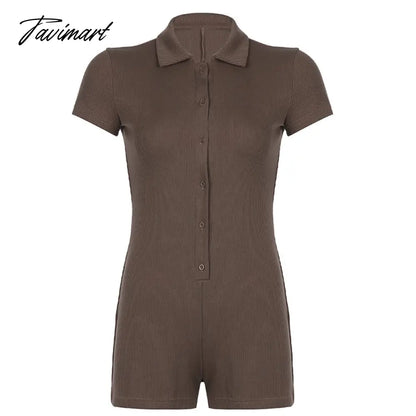 Summer Women Casual Sport Short Jumpsuit Fashion Ribbed Collar Button Polo Neck Bodysuit Short Sleeve Jumpsuit Romper Yoga Wear