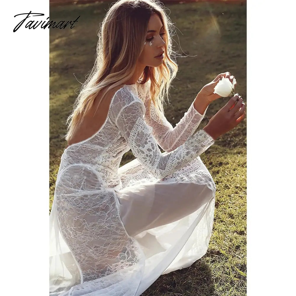 Summer Women Long Party Dress Vintage Long Sleeve Floor Length Sexy Backless White Lace Maxi Dress
