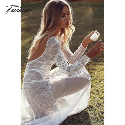Summer Women Long Party Dress Vintage Long Sleeve Floor Length Sexy Backless White Lace Maxi Dress