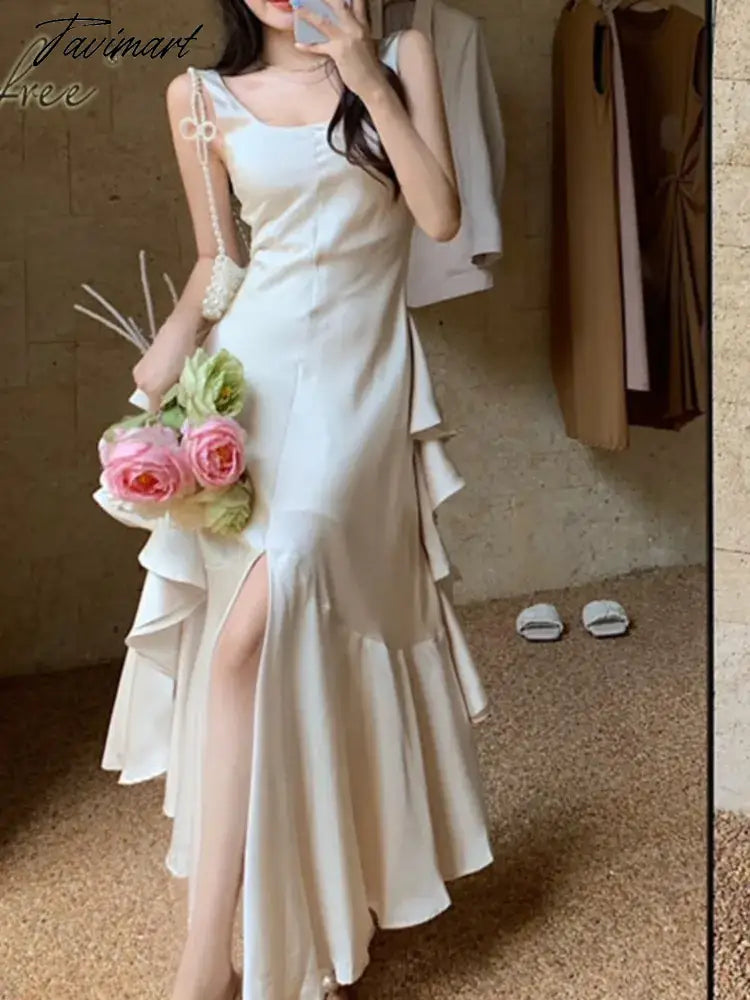 Summer Women Long Satin Dress Sleeveless Sexy Backless Silk Slit Ruffle Maxi Beach robe Party dresses evening dresses