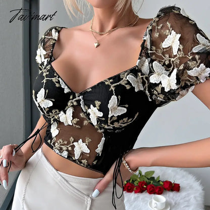 Summer Women's Short Shirt Top Perspective Lace Slim Top Mesh Elegant Women's Vest Bubble Short-sleeved Shirt Top women