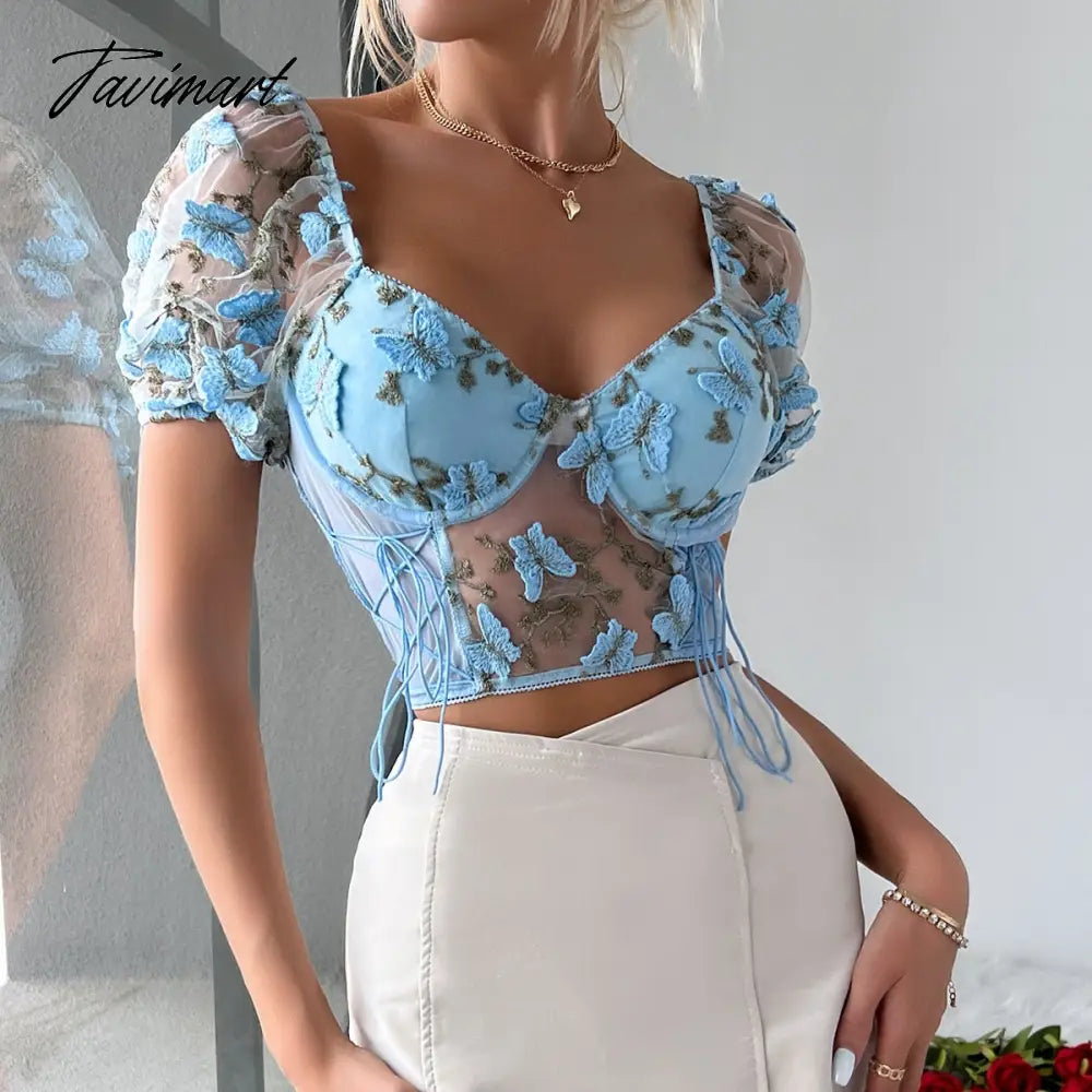 Summer Women's Short Shirt Top Perspective Lace Slim Top Mesh Elegant Women's Vest Bubble Short-sleeved Shirt Top women