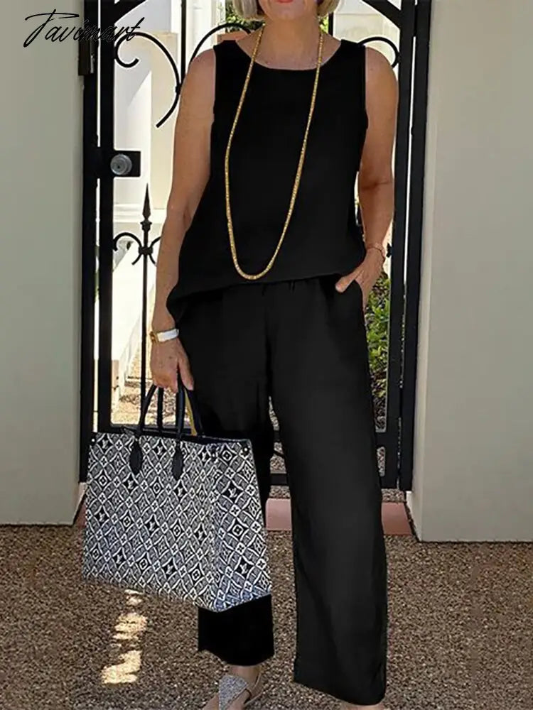 Summer Women Solid Casual Two Piece Set Elegant Female O Neck Tops Loose Pants Suit Streetwear Long Pants With Pockets Outfits