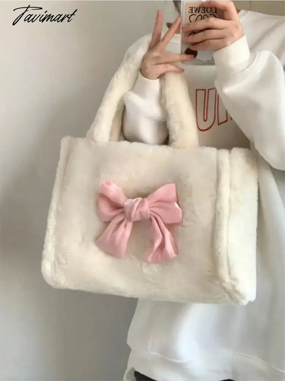 Sweet Bow Tote Bag Women Harajuku Aesthetic Plush Soft Chic White Shoulder Bag Ladies Large Capacity Casual Handbag New