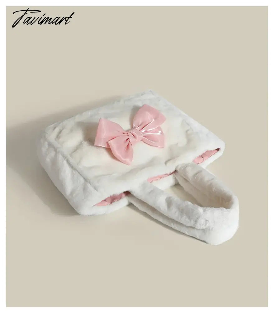 Sweet Bow Tote Bag Women Harajuku Aesthetic Plush Soft Chic White Shoulder Bag Ladies Large Capacity Casual Handbag New
