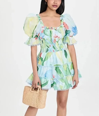 Sweet Cacti Print Mini Dress Woman Butterfly Sleeve Club Party Evening Birthday Summer Beach Style Dress Vestidos A1238
