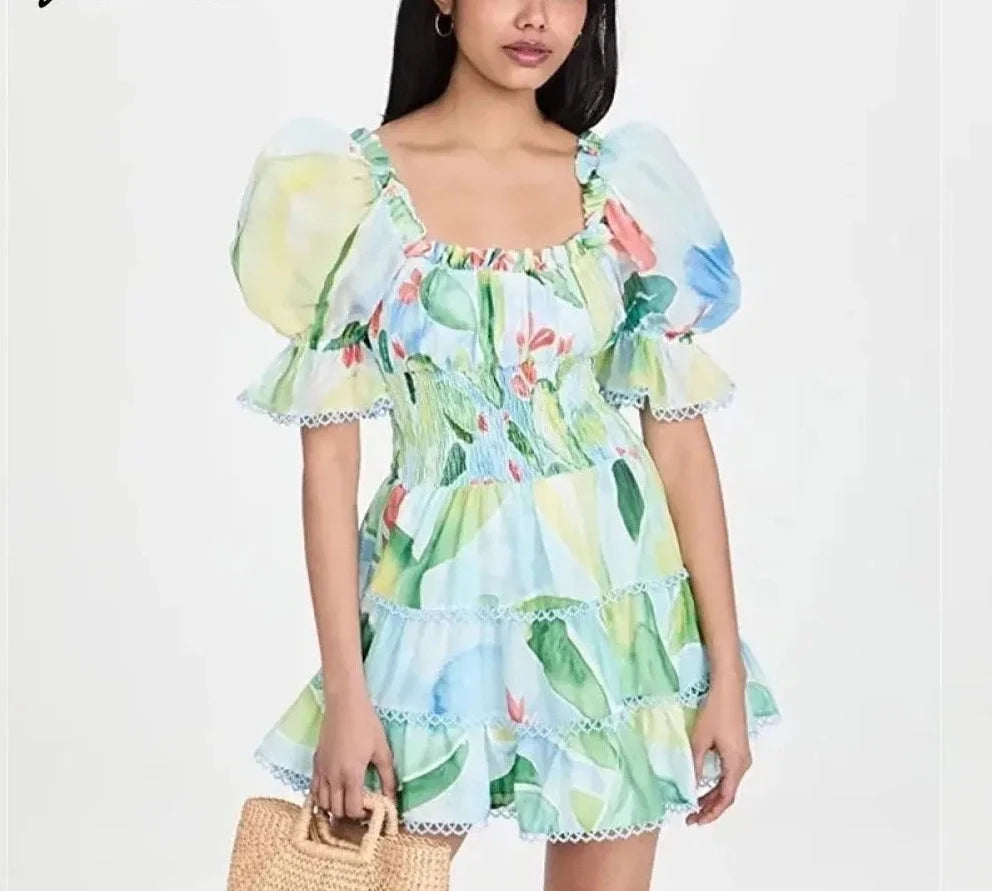Sweet Cacti Print Mini Dress Woman Butterfly Sleeve Club Party Evening Birthday Summer Beach Style Dress Vestidos A1238