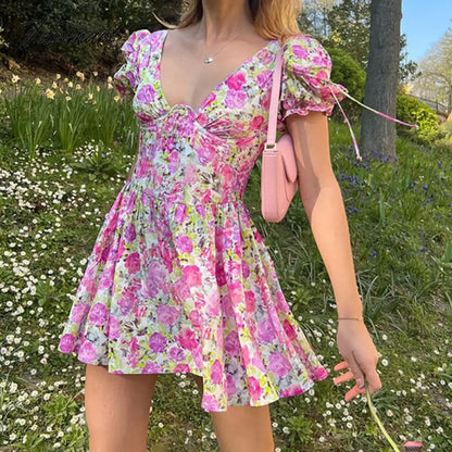 Sweet Cute Floral A-line Dress Women Summer High Waist Deep V Neck Short Sleeve Corset Mini Dress Boho Beach Clothes