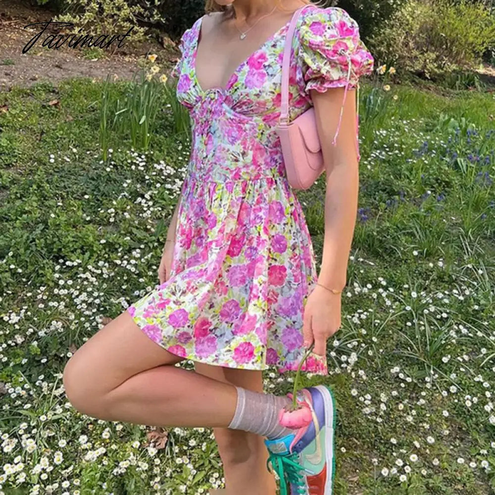 Sweet Cute Floral A-line Dress Women Summer High Waist Deep V Neck Short Sleeve Corset Mini Dress Boho Beach Clothes