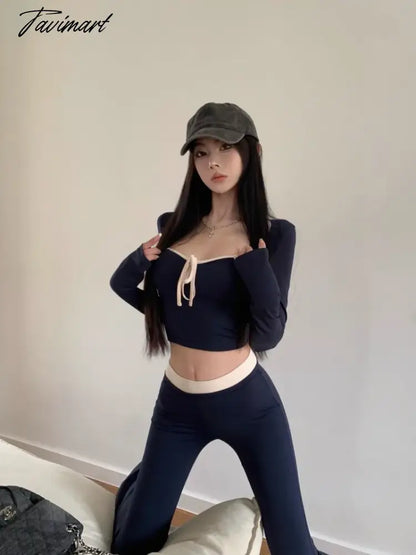 Sweet Hot Girl Sexy Suit Short Square Collar T-shirt Top Casual Versatile Micro Flare Pants Two-piece Set Fashion Female Clothes