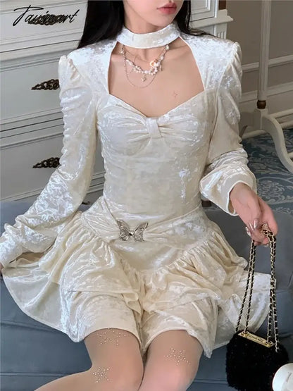 Sweet Solid Velvet Mini Dress Women Square Collar Long Sleeve Halter Autumn Winter A-line Cake Dresses Birthday Party Vestidos