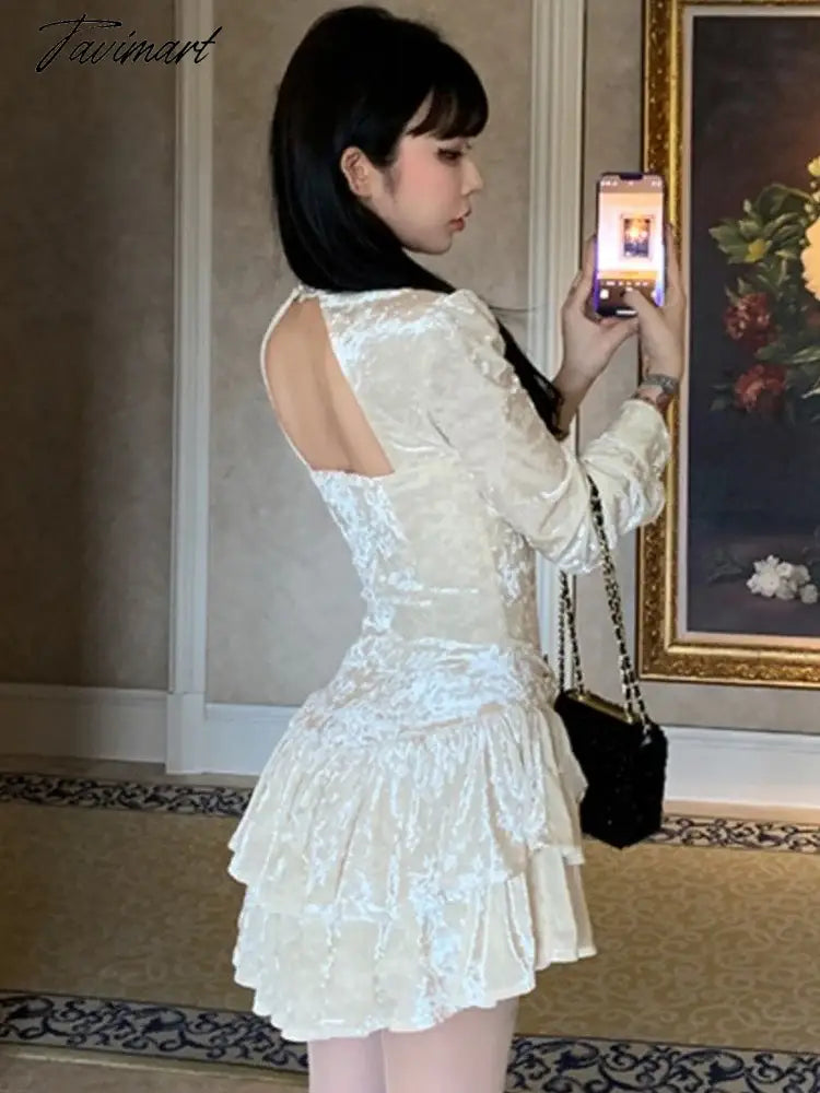 Sweet Solid Velvet Mini Dress Women Square Collar Long Sleeve Halter Autumn Winter A-line Cake Dresses Birthday Party Vestidos