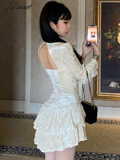 Sweet Solid Velvet Mini Dress Women Square Collar Long Sleeve Halter Autumn Winter A-line Cake Dresses Birthday Party Vestidos