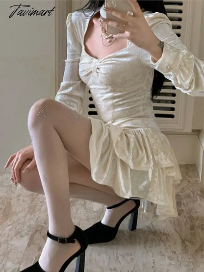 Sweet Solid Velvet Mini Dress Women Square Collar Long Sleeve Halter Autumn Winter A-line Cake Dresses Birthday Party Vestidos