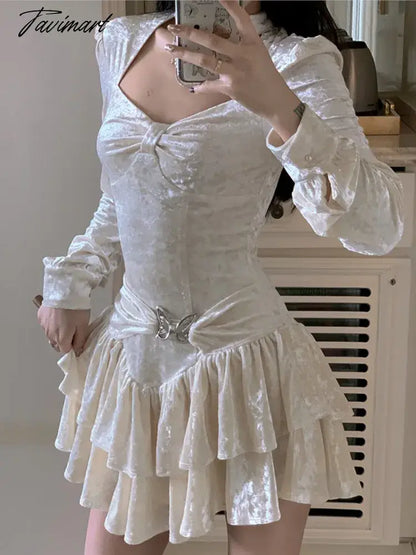 Sweet Solid Velvet Mini Dress Women Square Collar Long Sleeve Halter Autumn Winter A-line Cake Dresses Birthday Party Vestidos